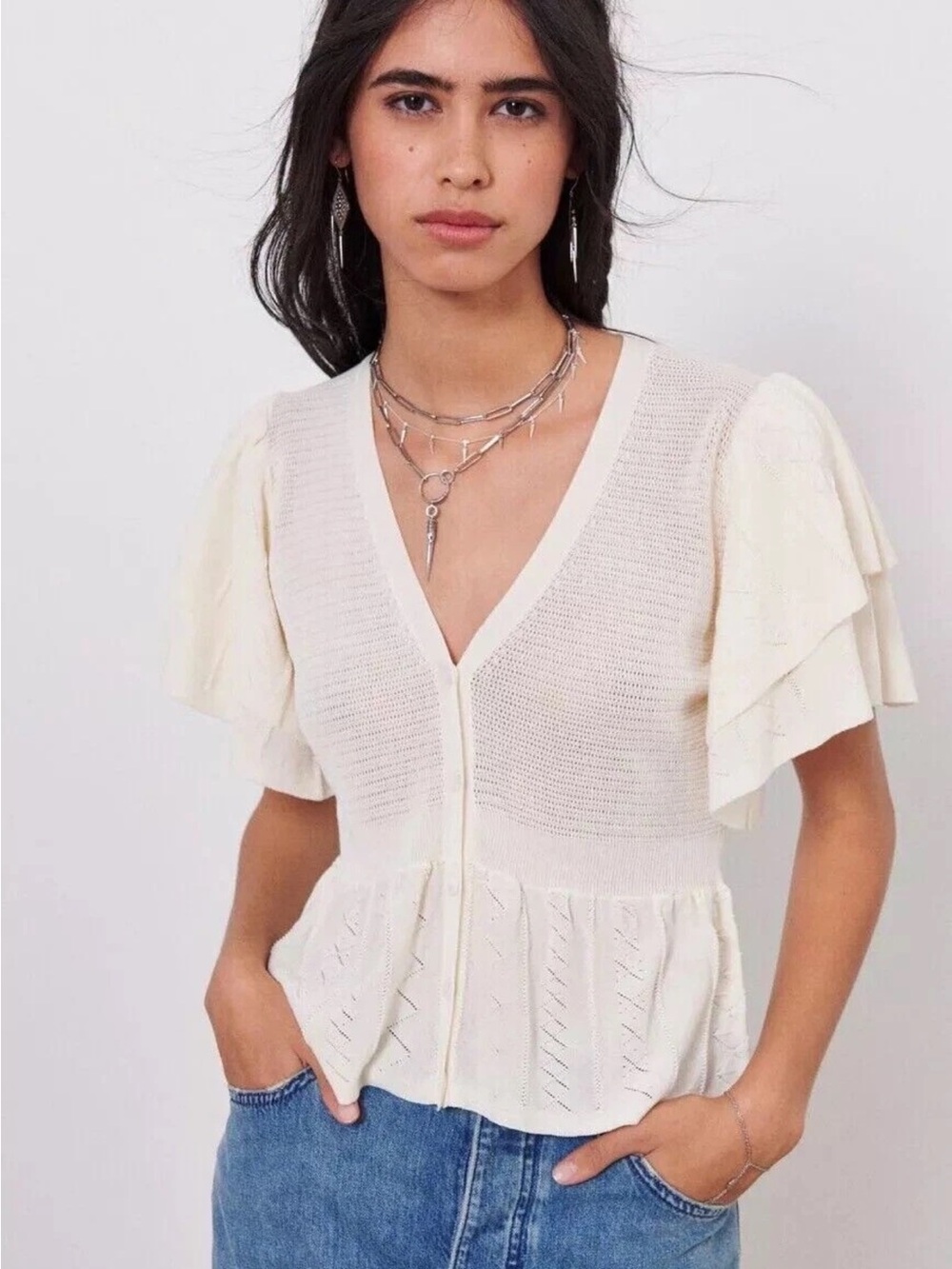 ba&sh Cream Ruffle-Sleeve Button Front Peplum Top - Picture 6 of 9